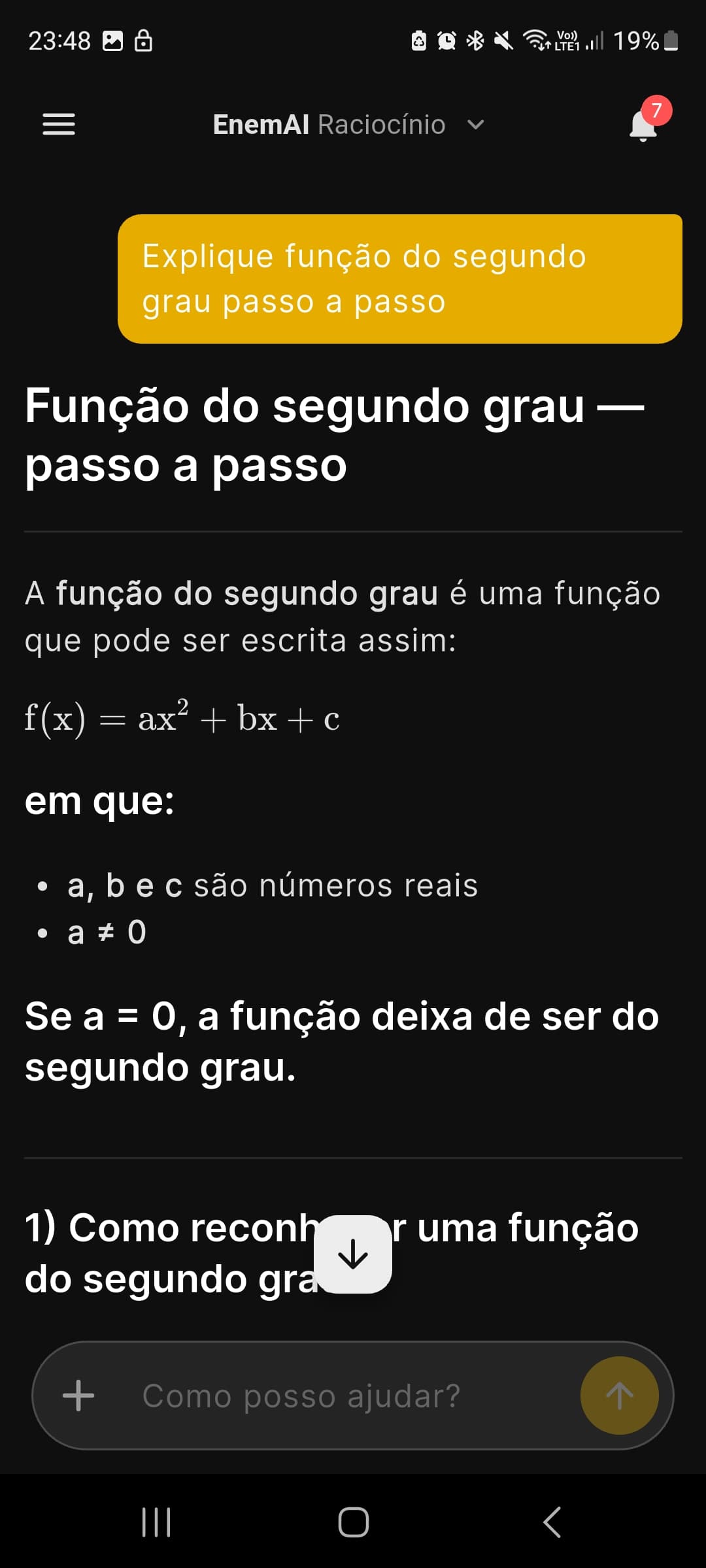 Tela do EnemAI mostrando uma resposta da IA no chat de estudos.